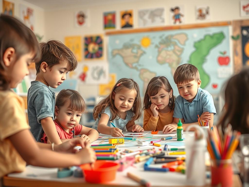 A vibrant classroom where children are collaboratively creating a mural. Bright colors and various art supplies are visible, with engaged expressions on the children's faces. The setting is filled with artwork and educational tools that reflect a fusion of art and learning. Soft lighting creates a warm and inviting atmosphere.