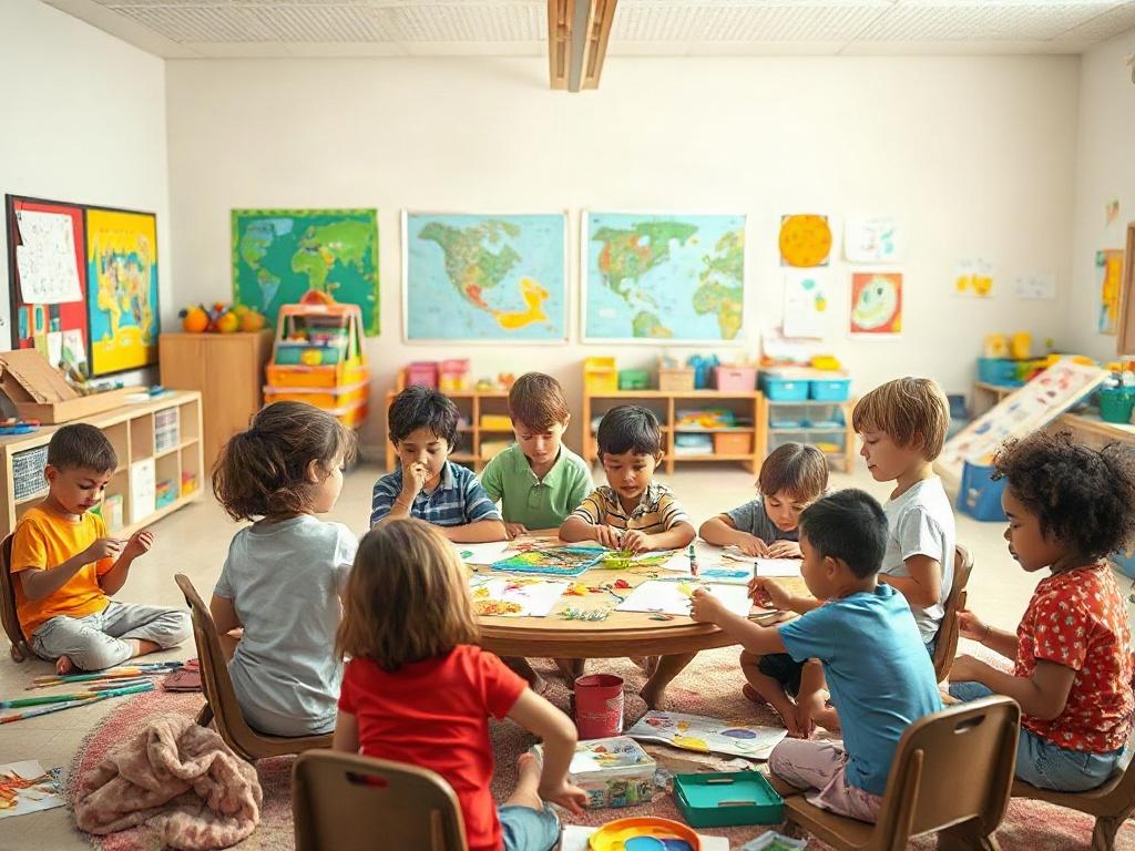 A vibrant classroom setting filled with children ages 4-5 collaborating on a colorful art project. The atmosphere is lively and encouraging, with various art supplies and creative materials scattered around, evoking a sense of teamwork and creativity.