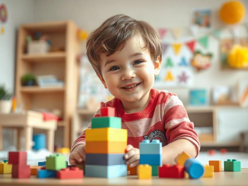 A joyful child under age 4 plays with colorful building blocks in a bright, cheerful classroom filled with soft lighting and gentle tones. The scene captures the essence of creativity and imagination, with art supplies and playful decorations in the background.