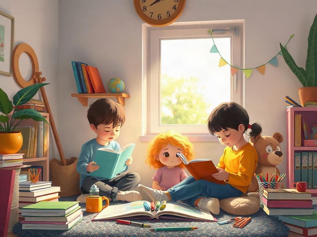 A cozy reading nook where children ages 5-7 gather, surrounded by colorful books and art supplies. The scene captures children engaged in reading and crafting, reflecting a warm atmosphere of creativity and learning.