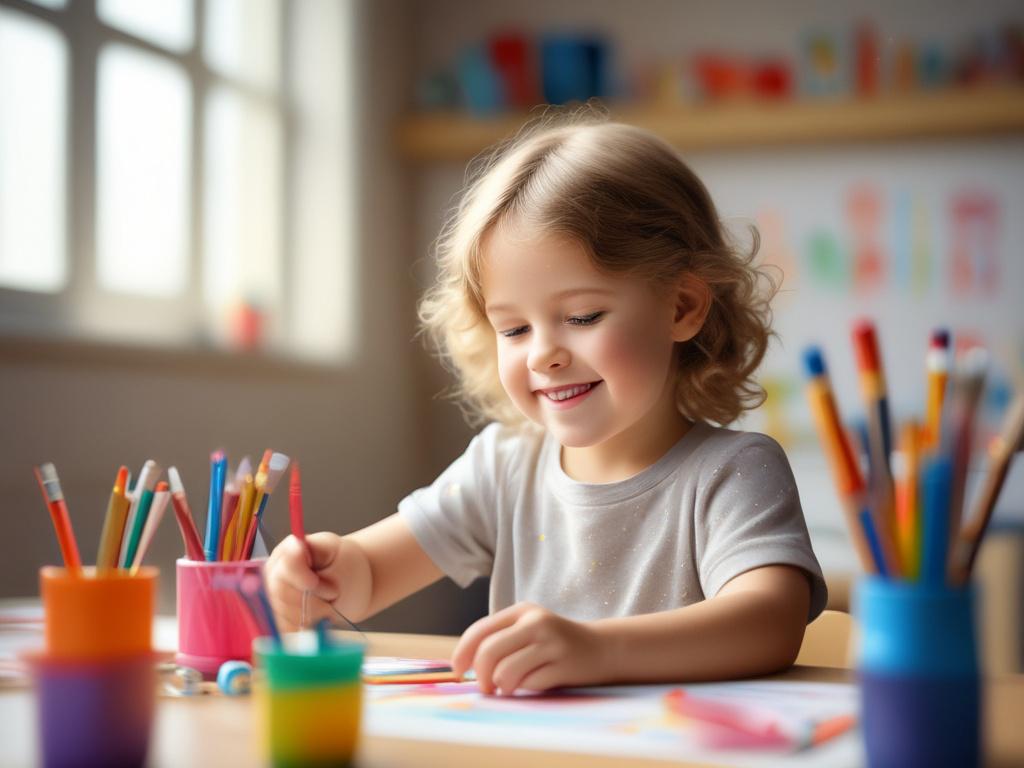 a joyful young child playing with colorful art supplies in a bright classroom, soft natural lighting, gentle atmosphere, vibrant colors