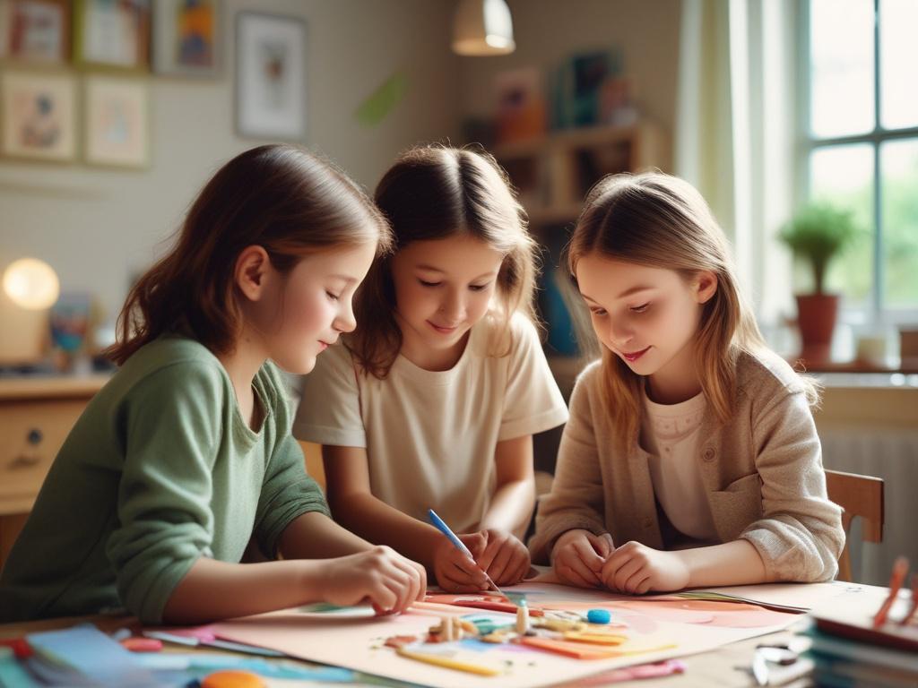 a group of young children collaborating on an art project, surrounded by colorful materials, soft warm lighting, cheerful atmosphere