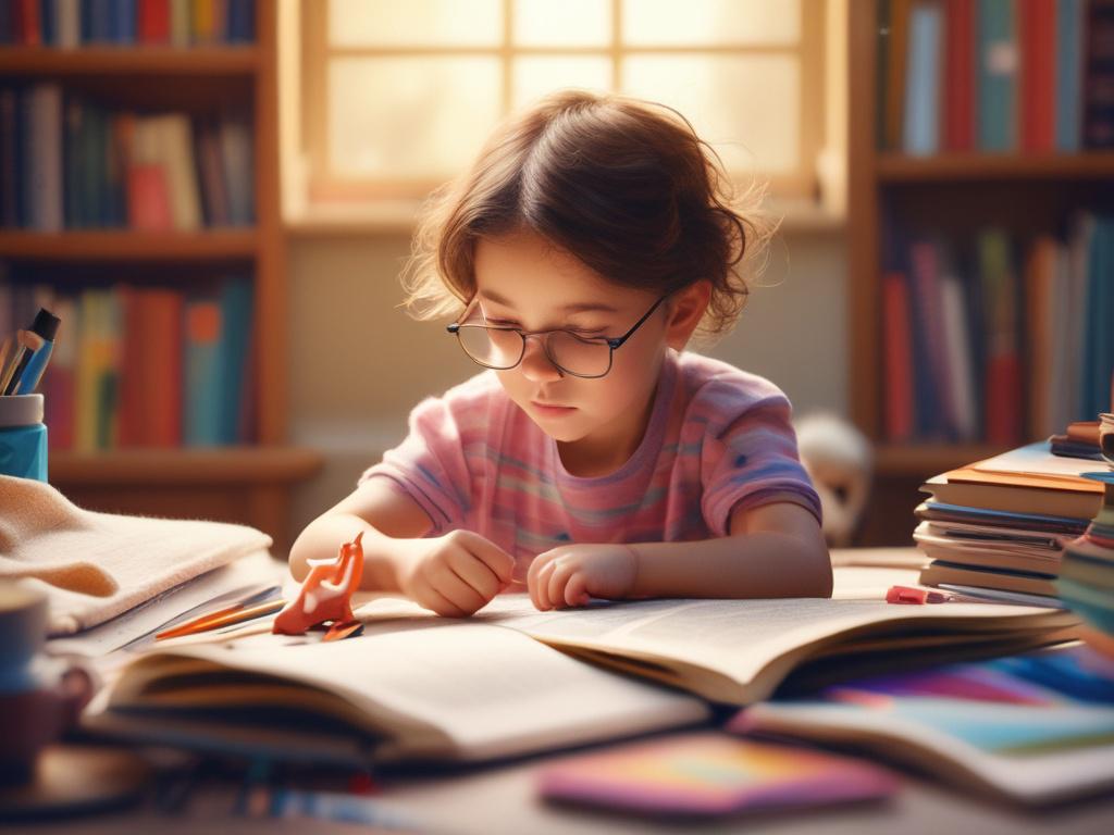 a child engrossed in reading a colorful book surrounded by art supplies, soft gentle lighting, inviting atmosphere