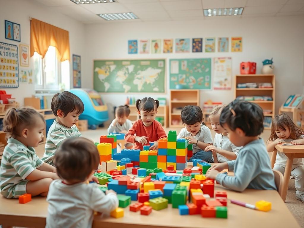 A vibrant classroom filled with children aged 4-5 engaged in construction play with colorful building blocks. Some children are working together, while others are expressing their creativity through art. The room is bright and inviting, decorated with educational posters and cheerful colors.