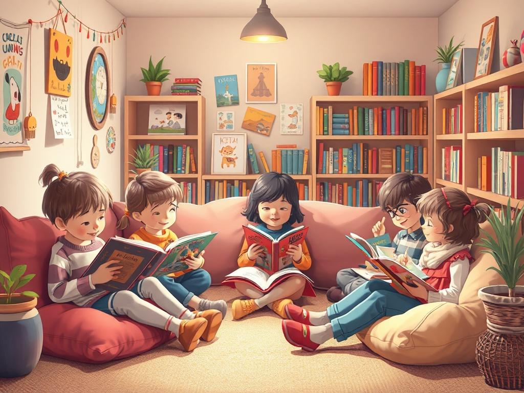 A cozy reading corner filled with children ages 5-7 enjoying books together. Some are reading, while others create artwork inspired by their stories. The setting is warm and inviting, with soft cushions, colorful decorations, and shelves filled with books.