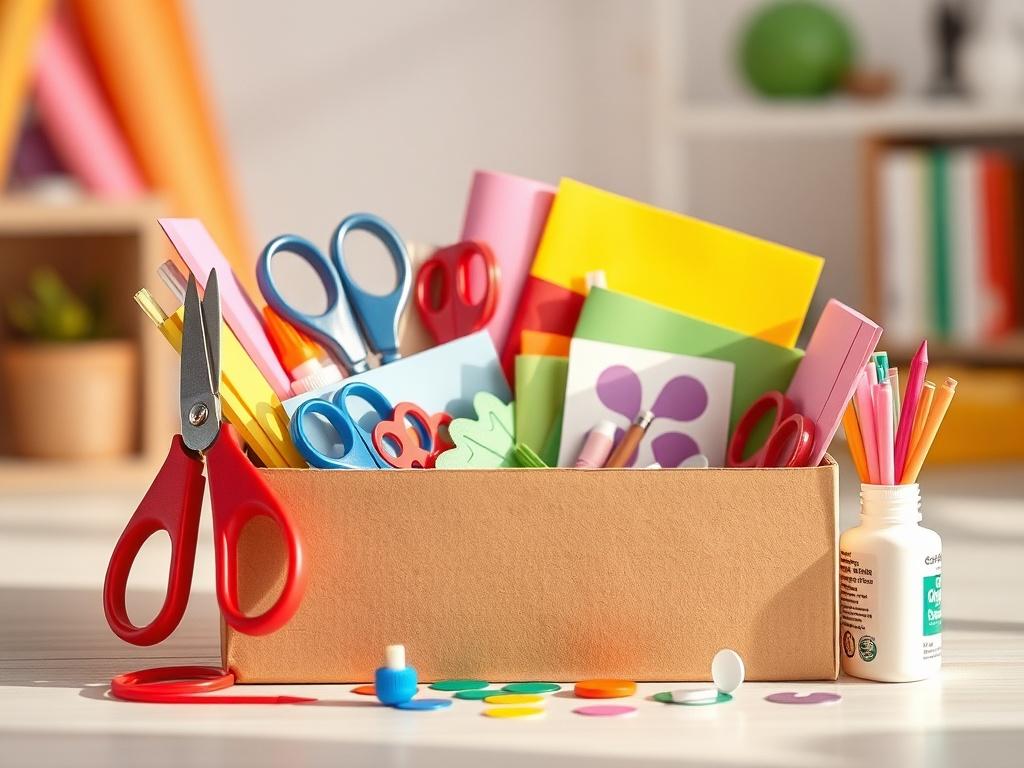 A high-resolution image of a craft box filled with colorful materials for preschoolers, including safety scissors, colored papers, glue sticks, and decorative stickers. The setting should be bright and cheerful, with soft lighting that creates a warm, inviting atmosphere.
