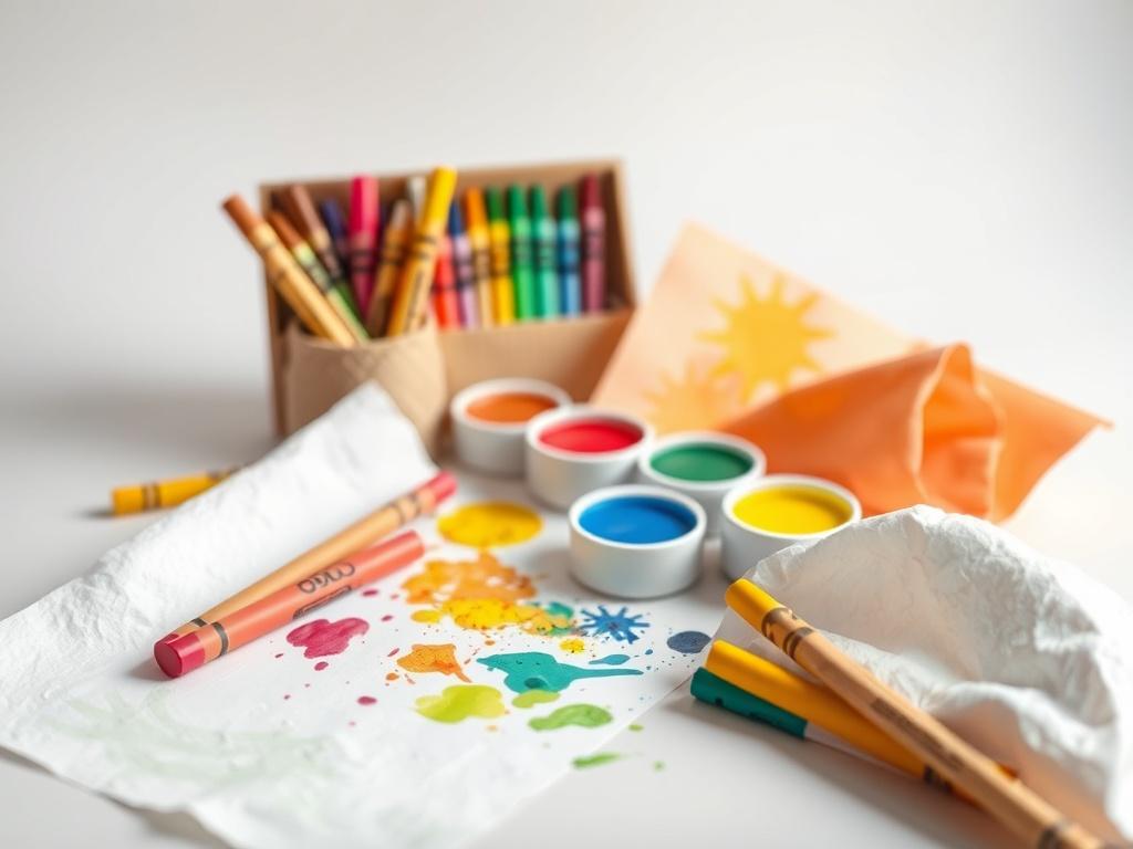A high-resolution image of a colorful art kit for toddlers, featuring crayons, finger paints, and textured papers arranged in an inviting way. The background should be soft and light, conveying a peaceful atmosphere, with gentle lighting highlighting the vibrant colors of the art supplies.