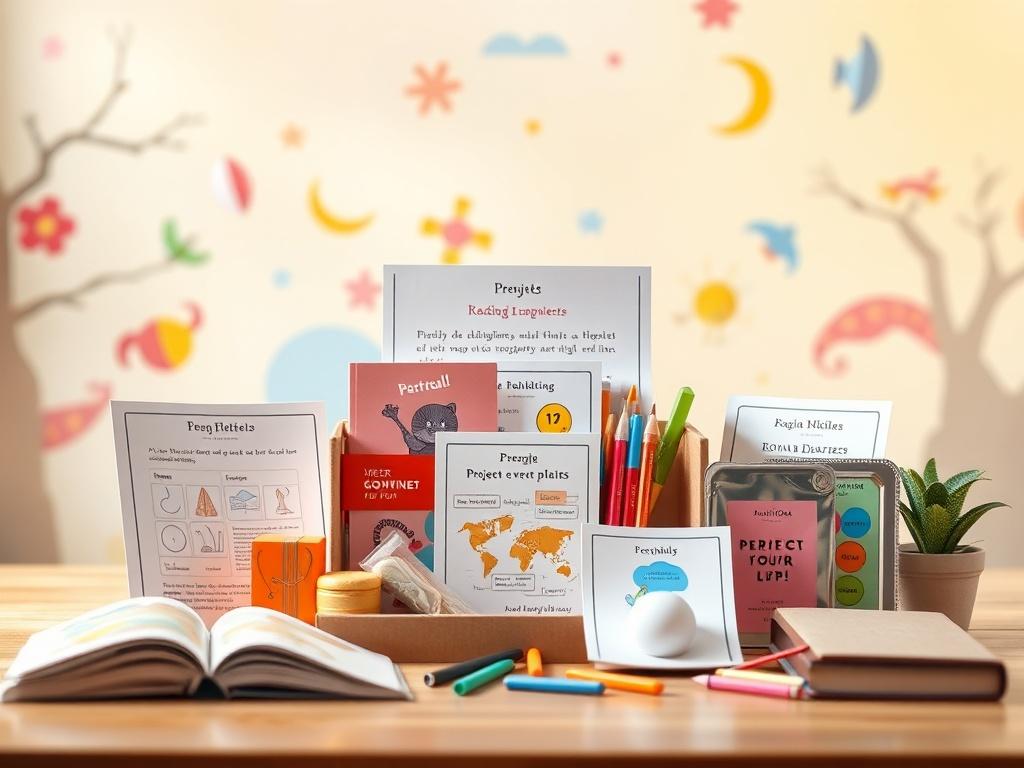 A high-resolution image of a project kit for children, showcasing colorful reading materials, project templates, and interactive components. The background should be bright and imaginative, with soft lighting that enhances the vibrant colors and promotes a creative atmosphere.