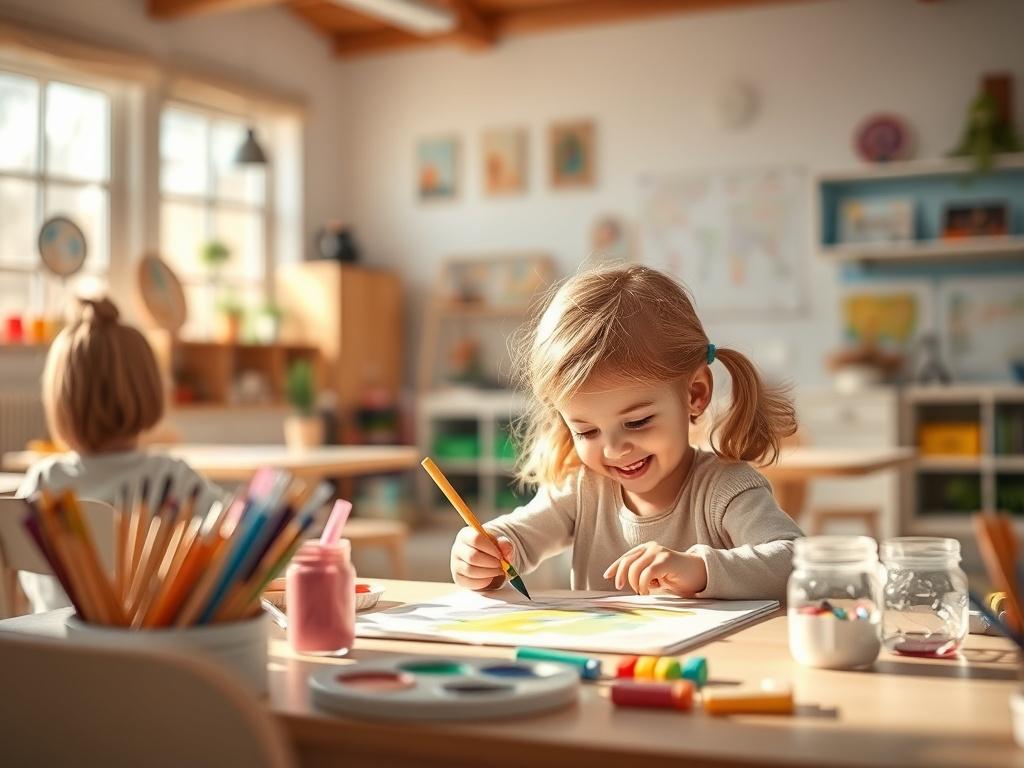 A serene preschool classroom filled with natural light, showcasing children engaged in artistic activities such as painting and crafting. The setting is peaceful with soft, gentle colors and a warm atmosphere, featuring art supplies and colorful creations around. The focus is on a child deeply engrossed in painting, reflecting joy and creativity.