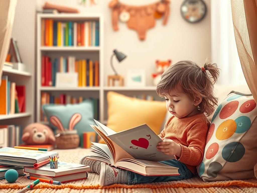 A cozy reading nook featuring a child aged 5-7 immersed in a book, surrounded by art supplies and creative projects. The background shows a warm, inviting atmosphere with bookshelves and colorful cushions, highlighting a love for storytelling and creativity.