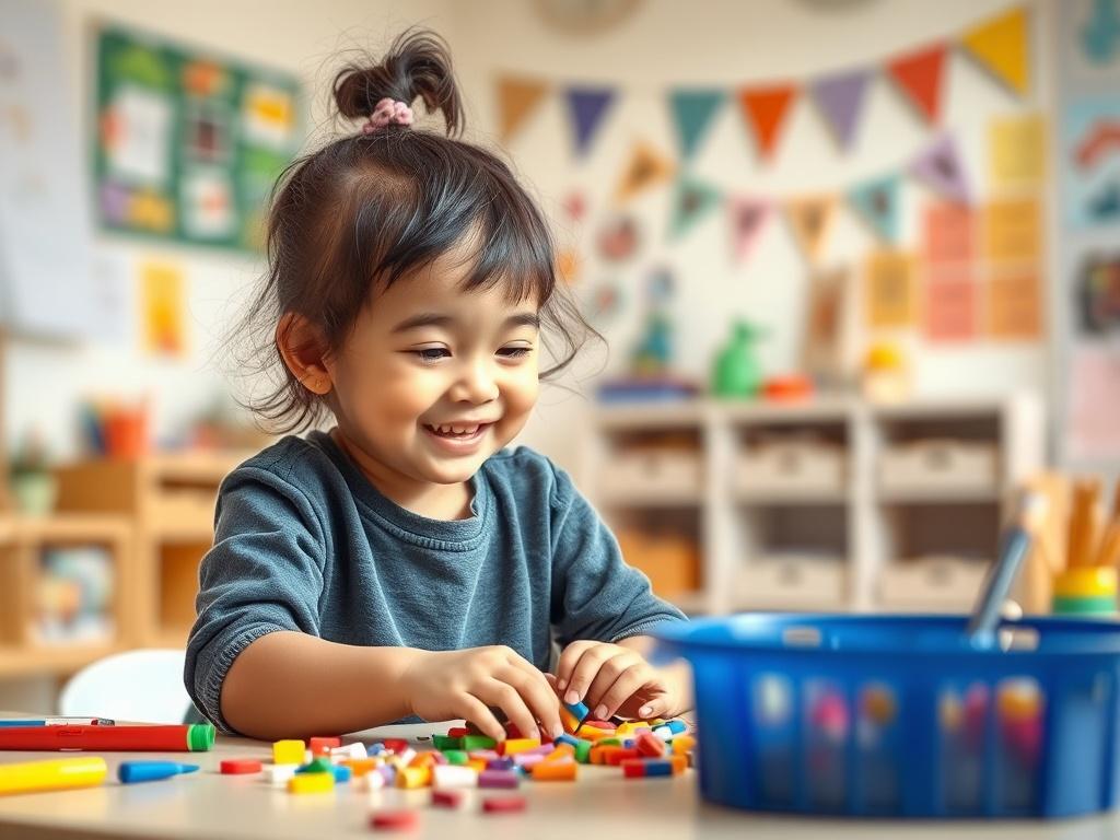 A serene classroom setting with soft lighting, featuring a joyful child under 4 years old engaged in sensory play with colorful materials. The background includes art supplies and playful decorations, creating a warm and inviting atmosphere.