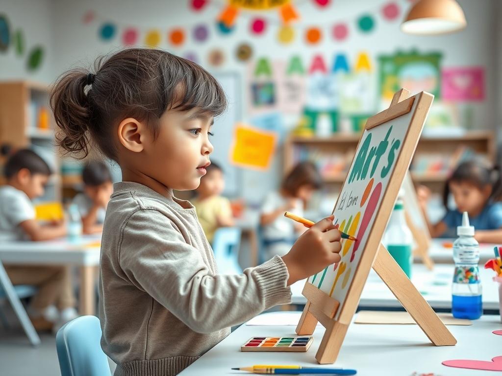 A vibrant classroom filled with colorful art projects, showing a child aged 4-5 actively painting at an easel. The background features cheerful decorations and fellow students engaged in creative activities, illustrating a lively and supportive learning environment.