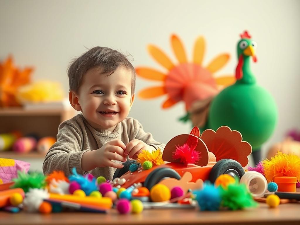 Create a realistic high-resolution image of a vibrant, playful scene featuring a child building a turkey car with colorful materials. The child should be smiling with excitement, surrounded by various turkey-themed crafting supplies, such as feathers, googly eyes, and pom-poms. In the background, a whimsical turkey is wobbling and dancing, adding to the fun atmosphere. The lighting should be soft and gentle, creating a peaceful yet joyful ambiance, with a color palette that includes shades of green to refle