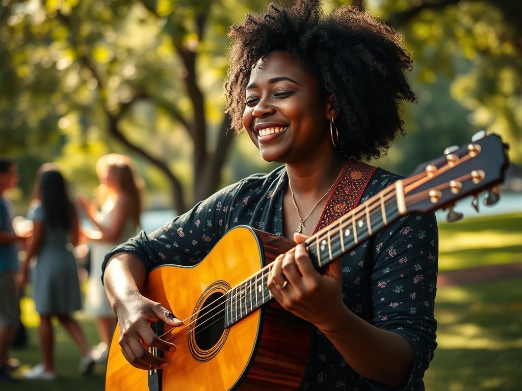 **AI Image Generation Prompt:**

Create a realistic high-resolution photo that embodies the theme "The Healing Power of Music." Focus on a single subject: a woman of diverse descent, perhaps mid-30s, playing an acoustic guitar with an expression of serene joy on her face. Position her in a tranquil outdoor setting, perhaps in a sun-drenched park near the Hillsborough River, surrounded by greenery. 

The background should be softly blurred to emphasize the subject, yet suggest a feeling of community with fai