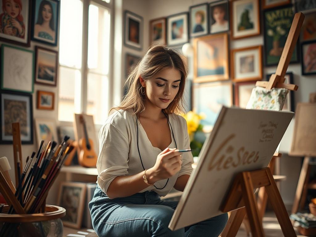 **AI Image Generation Prompt:**

Create a realistic high-resolution photo that captures the essence of creativity through art and music. The image should feature a single, passionate female artist in the foreground, sitting in a cozy, sunlit room filled with artistic tools—paintbrushes, a palette of vibrant colors, and a partially finished canvas. She should be shown mid-creation, eyes focused on her artwork, conveying deep concentration and inspiration. 

The background should be softly blurred, showcasing