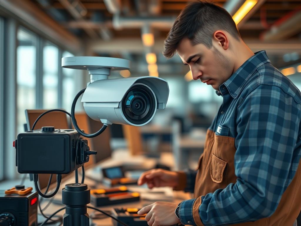 A close-up shot of a technician conducting maintenance on a security camera system in a modern office setting. The technician is focused on the camera, with tools and equipment neatly arranged around him. The background is slightly blurred to emphasize the technician and the security system, with warm lighting to create a professional atmosphere, shot with a 45mm f/1.2 lens.