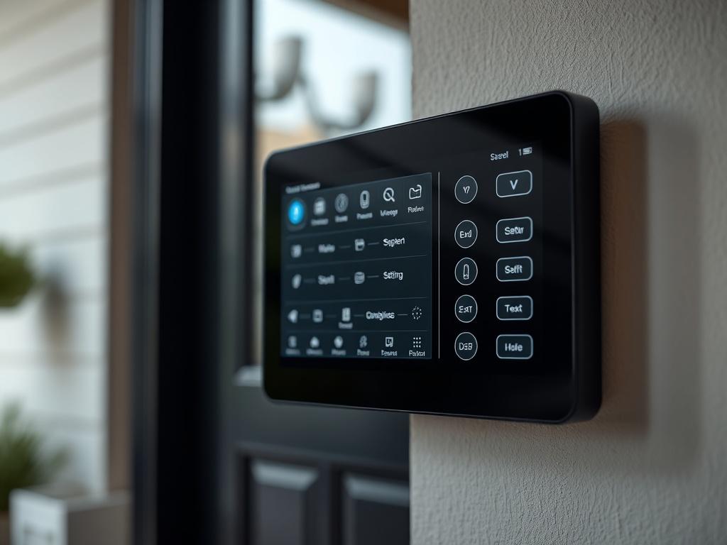 A hyper-realistic close-up shot of a modern security alarm panel mounted on a wall, with a blurred background of a secure home entrance. The panel should display various features and settings, highlighting its advanced technology and user-friendly interface.