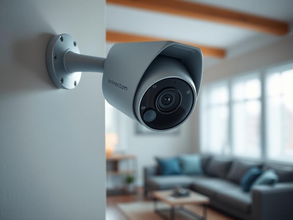 A hyper-realistic close-up shot of a high-definition surveillance camera mounted on a wall, with a blurred background of a well-lit home interior, showcasing the camera's sleek design and features. The image should convey a sense of security and vigilance, with the camera prominently displayed.
