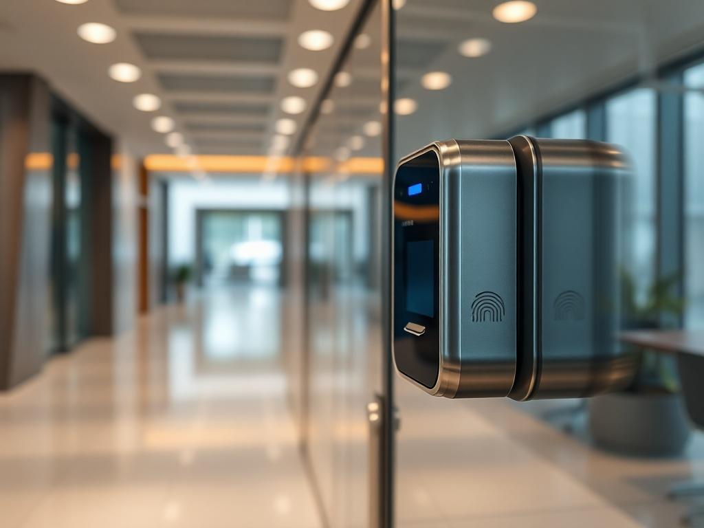 A hyper-realistic close-up shot of a biometric fingerprint scanner installed at a building entrance, with a blurred background of a modern office lobby. The scanner should highlight its sleek design and advanced technology, emphasizing security and accessibility.