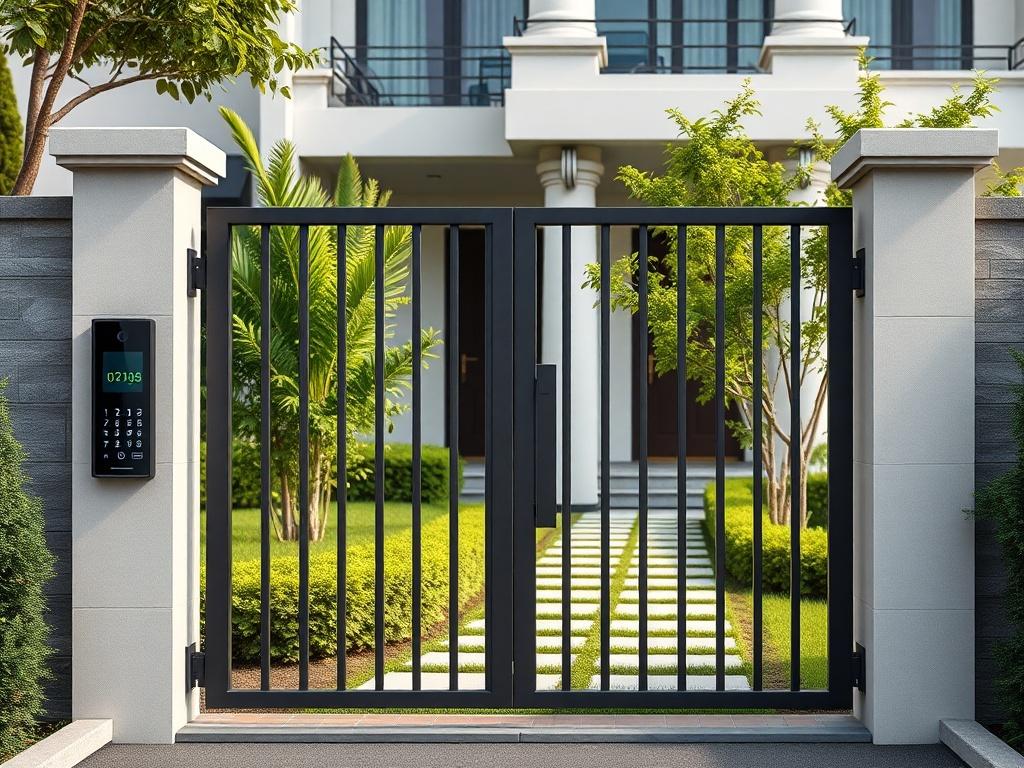 A close-up shot of a modern electronic gate installed at the entrance of a stylish property. The gate should be sleek and metallic, showcasing advanced technology like a keypad or remote control system. The background features a well-maintained garden with lush greenery, emphasizing security and elegance. The image should be hyper-realistic, shot with a 45mm f/1.2 lens to highlight the details of the gate and the surrounding area.