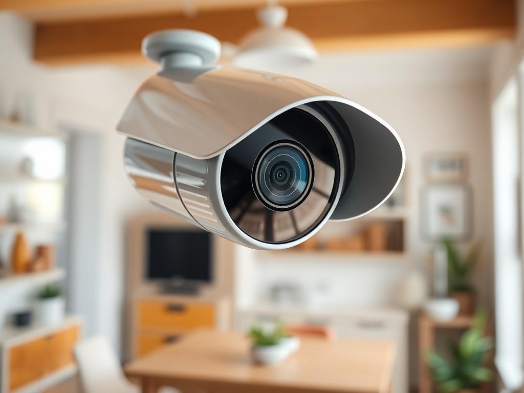 A hyper-realistic close-up shot of a modern security camera installed in a home setting, with a focus on the camera's lens and sleek design. The background should feature a well-lit and organized room, showcasing a secure environment. The image should convey a sense of safety and advanced technology, using vibrant colors that complement the primary color rgb(255, 223, 0). The shot should be captured with a 45mm f/1.2 lens to achieve a shallow depth of field.