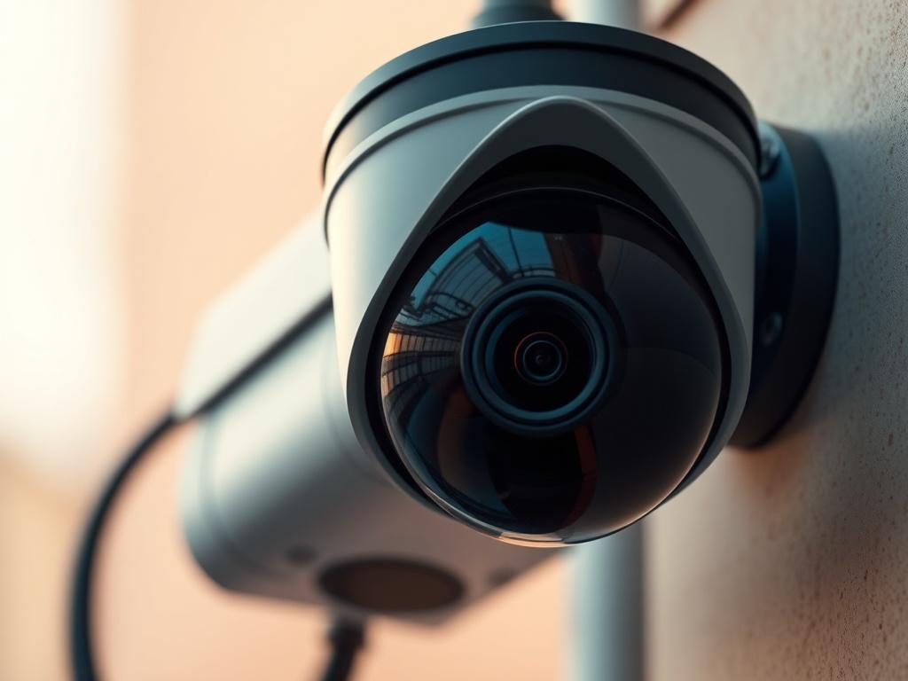 A hyper-realistic close-up shot of a modern security camera mounted on a wall, capturing intricate details of the lens and housing. The background is softly blurred to emphasize the camera, with warm lighting that creates a sense of security and safety. The colors should incorporate shades of the primary color rgb(255, 223, 0), enhancing the overall warmth of the image.