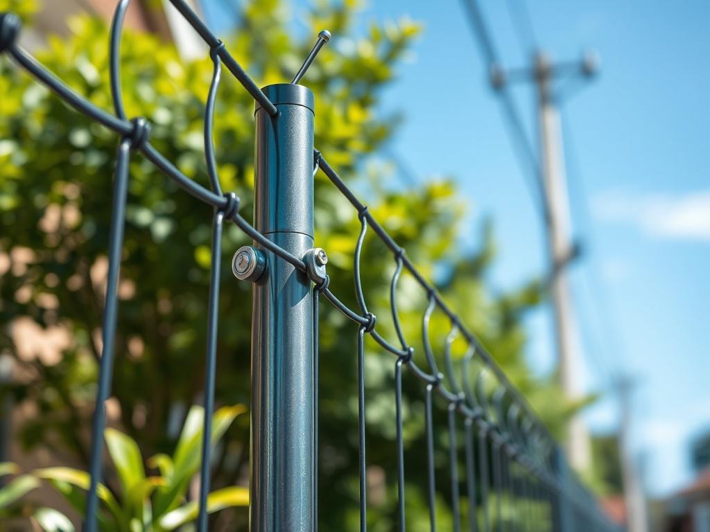 A close-up shot of a high-quality electric fence installed around a residential property. The image should capture the smooth lines of the electric fence, showcasing its height and durability. In the background, lush greenery and a clear blue sky should be visible, emphasizing the fence's integration with the environment. The focus should be sharp, highlighting the metallic components of the electric fence, while maintaining a simple and clear composition. The image should evoke a sense of security and prot
