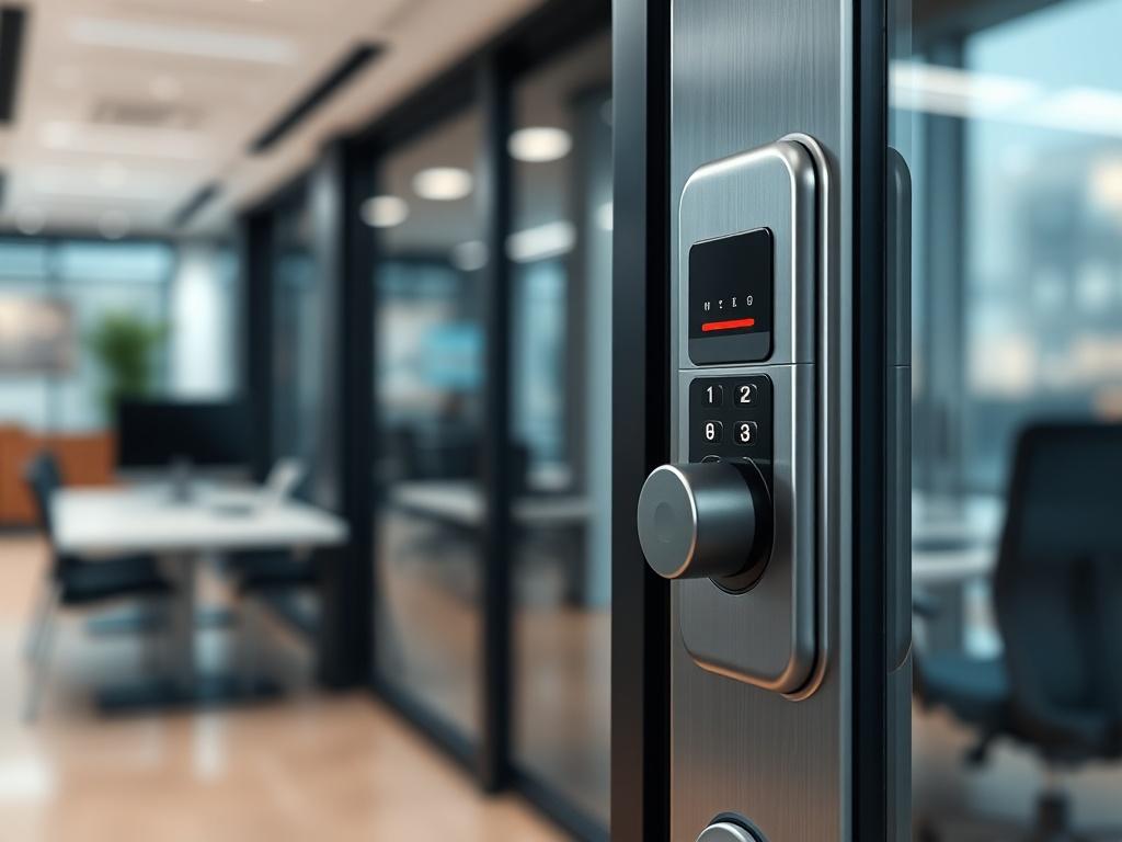 A close-up shot of a modern electronic access control keypad with a sleek design, set against a blurred office environment, highlighting security and technology.