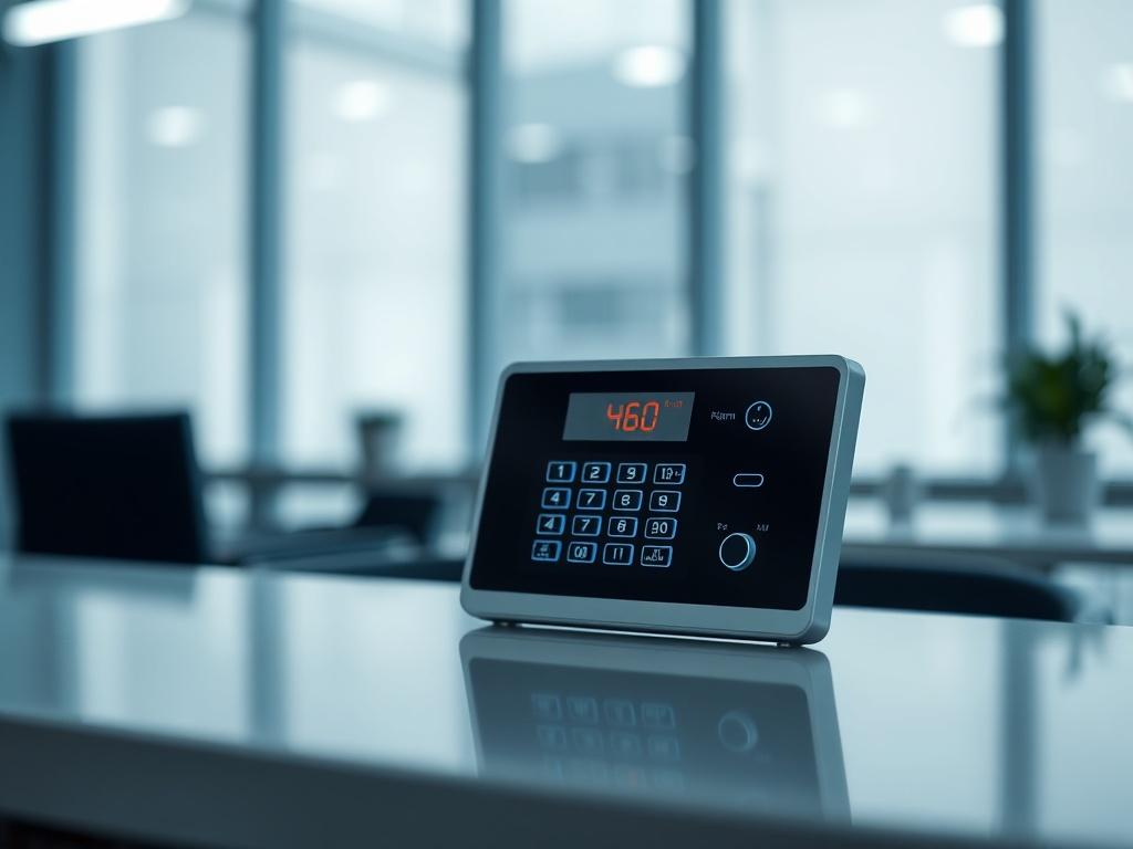 A realistic high-resolution image of a sleek intrusion alarm system control panel, placed on a modern surface. The background is softly focused, creating a professional and secure ambiance.