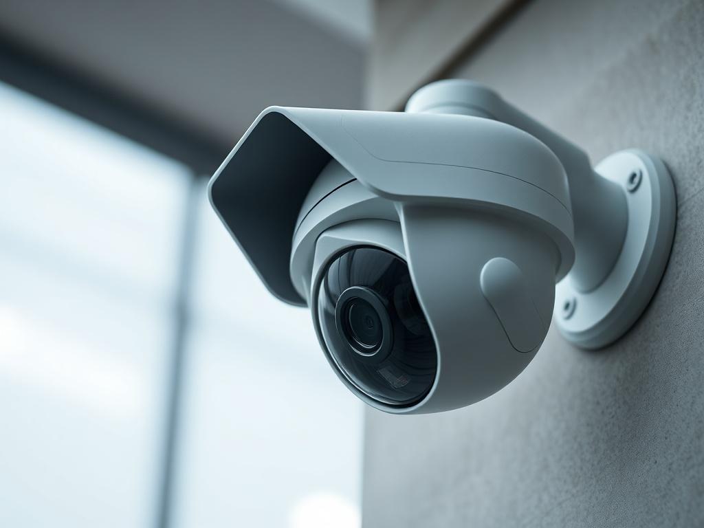 A high-resolution close-up shot of a modern security camera mounted on a wall, showcasing its sleek design. Background is blurred with a focus on the camera, capturing a professional and secure atmosphere.