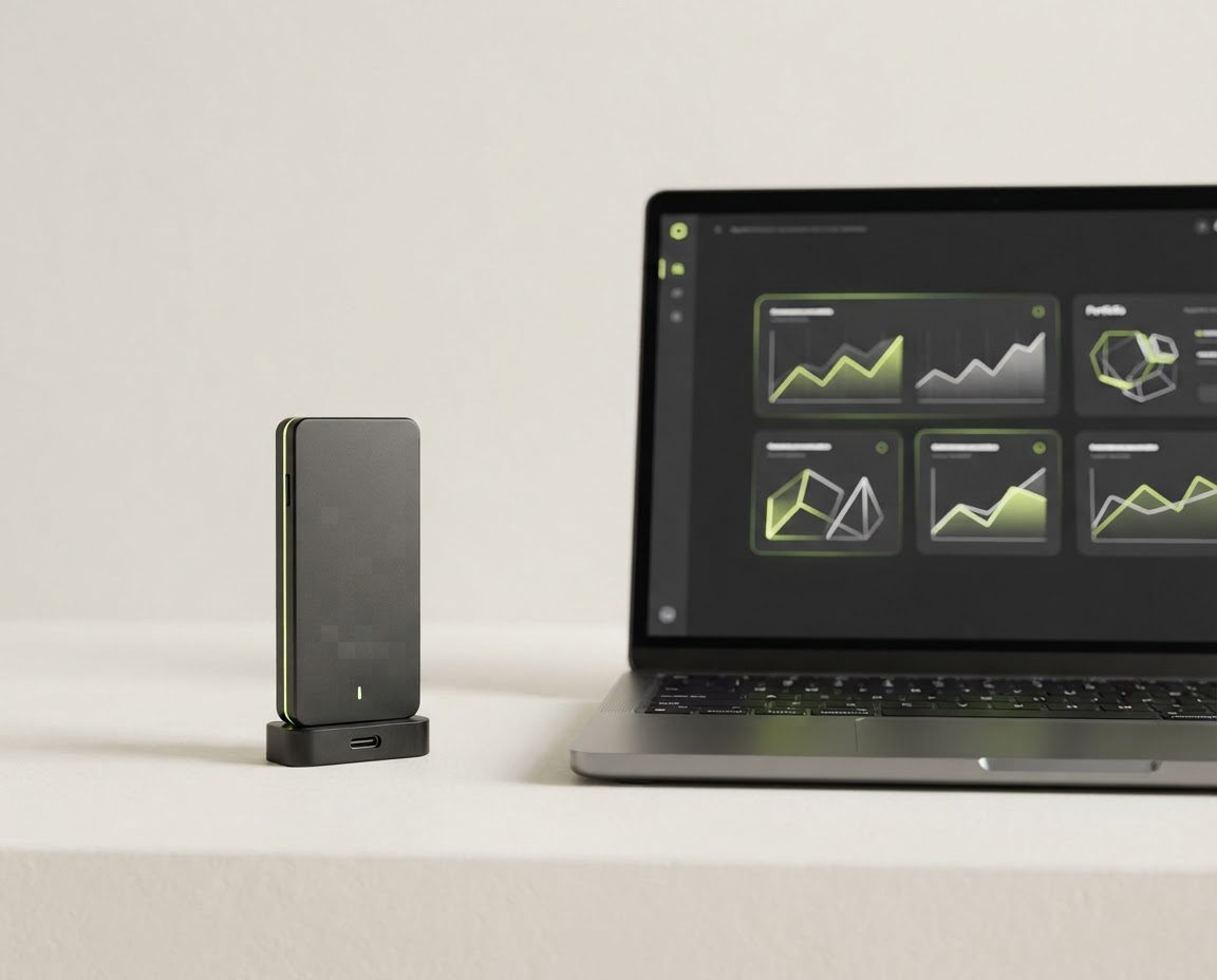 A Trezor-style hardware wallet beside a laptop displaying a simple portfolio view