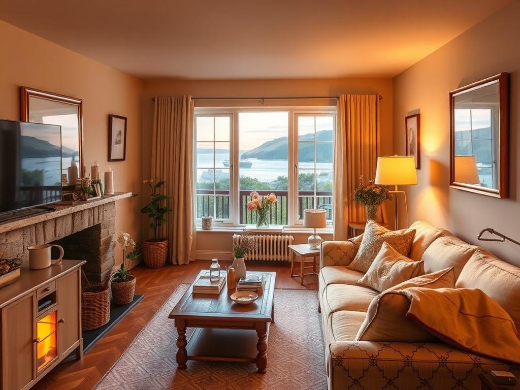 A welcoming and inviting holiday rental property, showcasing a beautifully decorated living area with soft golden hues and cozy lighting. The scene should be serene, with a comfortable sofa, tasteful decor, and a window revealing a glimpse of scenic North Devon. The atmosphere should exude warmth and relaxation.