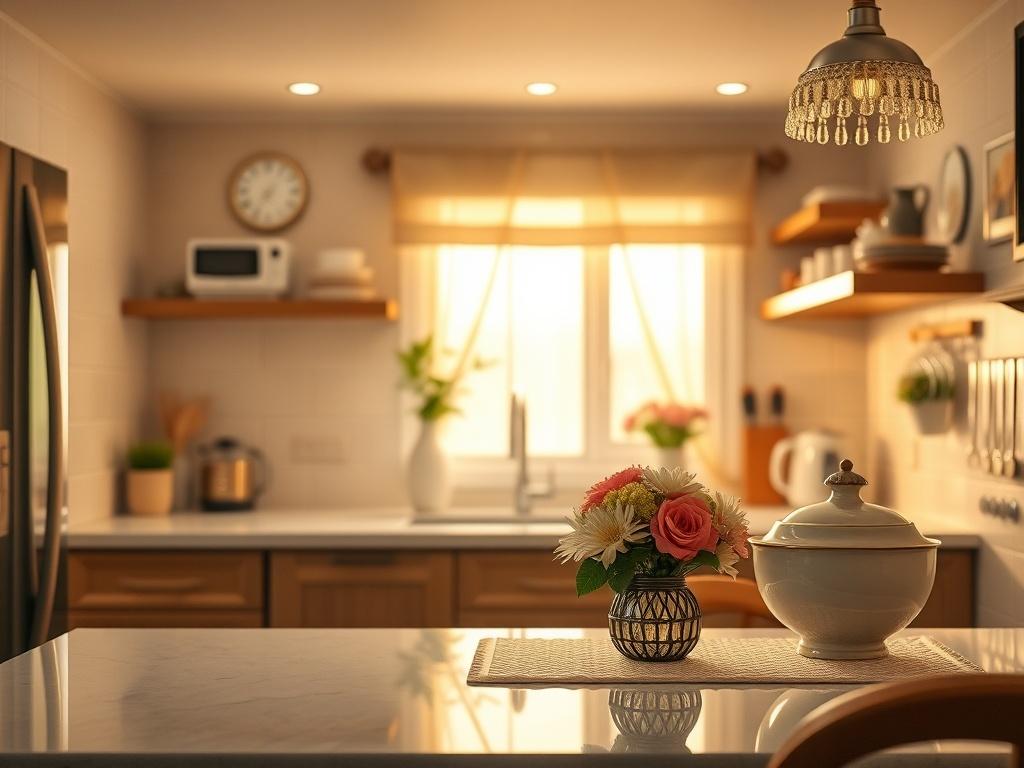 A pristine holiday rental kitchen, featuring sparkling countertops and neatly arranged kitchenware in soft golden lighting. The scene should evoke a sense of cleanliness and order, with fresh flowers or a bowl of fruit on the table. The background should reflect a cozy and inviting atmosphere, emphasizing the importance of cleanliness for guest satisfaction.