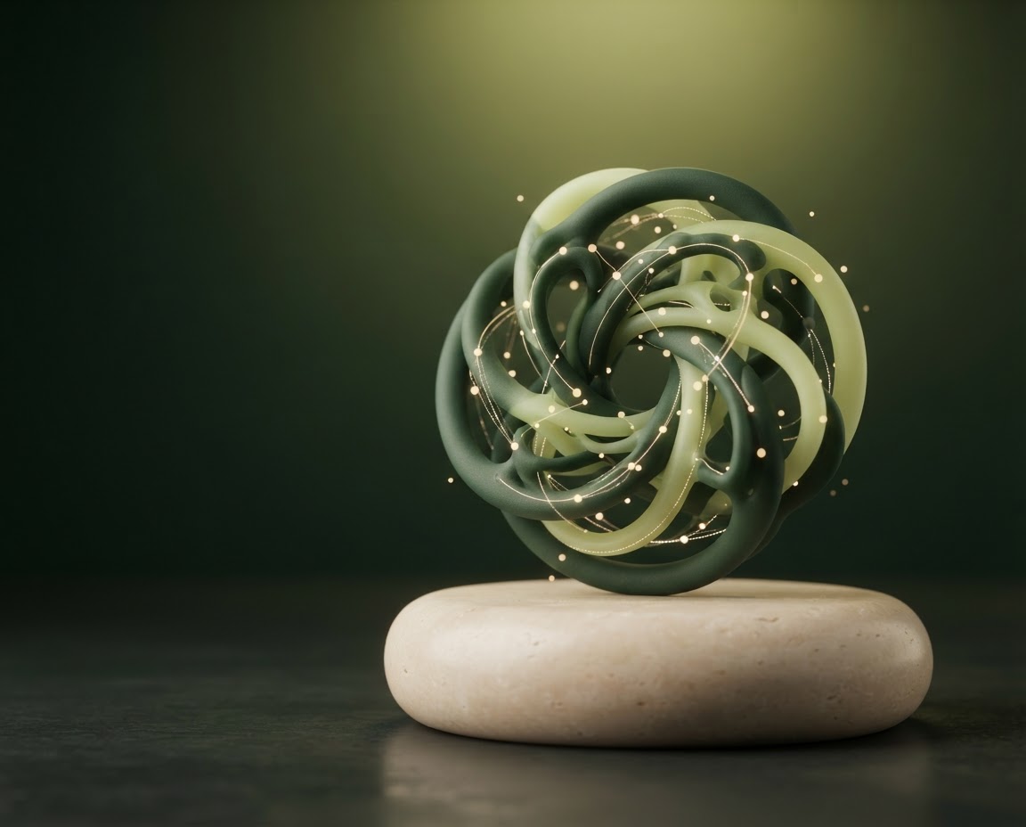 Sculptural green wallet-inspired forms with glowing connected nodes, representing the Cardano blockchain