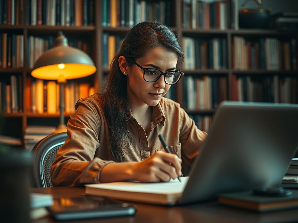 A close up shot of a focused author sitting at