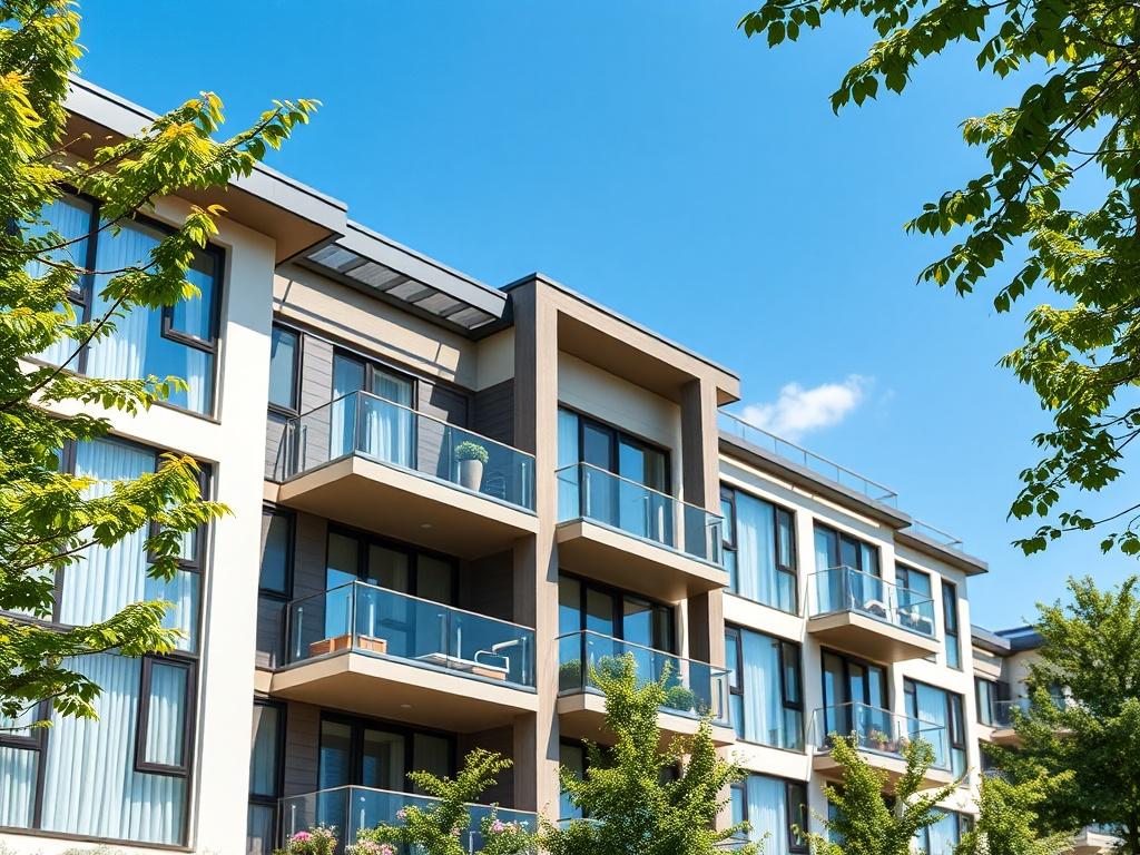 A close-up shot of a modern apartment building in Luton, showcasing high-quality architectural design with spacious layouts. The building features large windows, clean lines, and elegant balconies. The background is a sunny day with a clear blue sky, enhancing the vibrancy of the green surroundings. The image should focus on the building's exterior and detail its premium finishes, shot with a 45mm f/1.2 lens style.