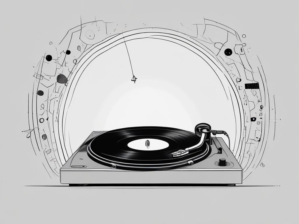 A high-quality illustration of a vinyl record spinning on a turntable, with musical notes floating around it. The illustration should be rendered in a crisp, solid black line drawing style, focusing on the record and turntable as the main subjects. The background should be minimalistic to emphasize the artwork, utilizing the rgb(4, 104, 120) color for accents.