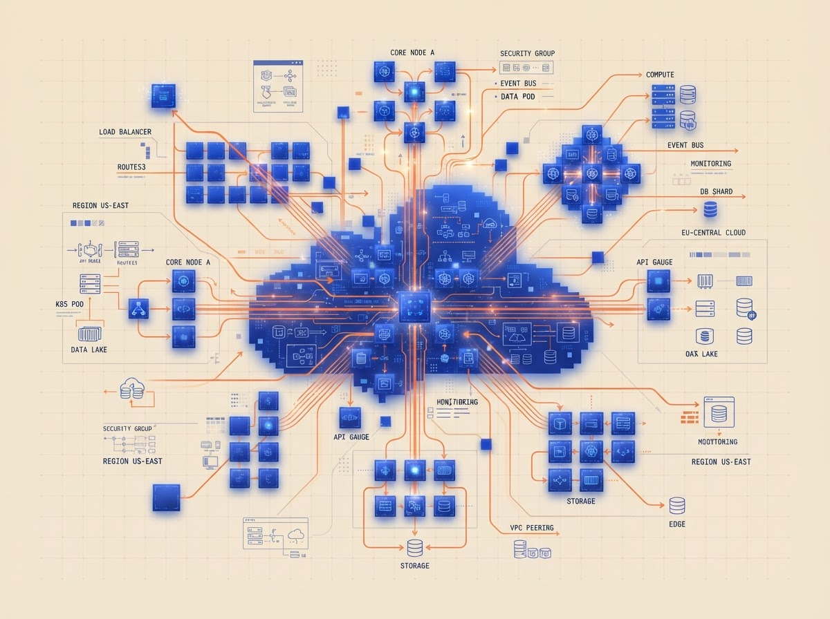 Cloud infrastructure architecture visualization with pixel bloom design