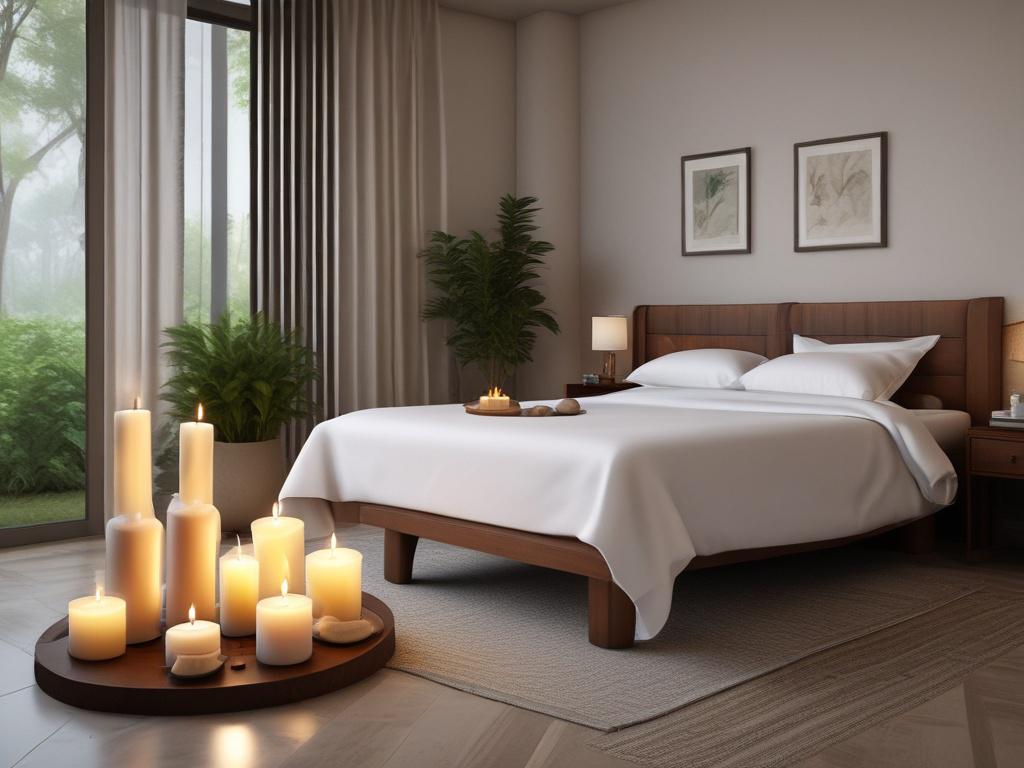 A serene and tranquil setting featuring a massage table adorned