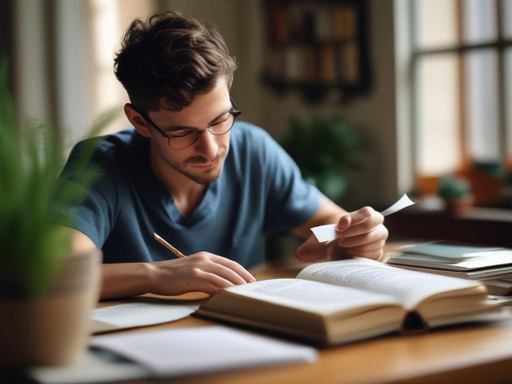 A close up shot of a person reading a self