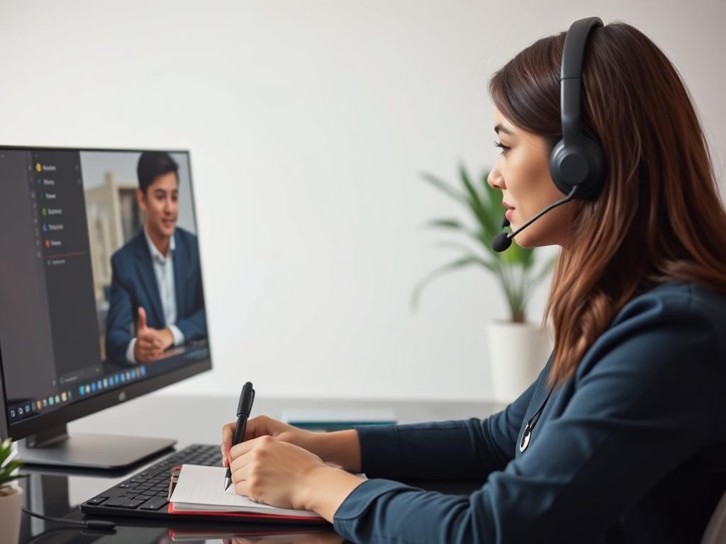 A close-up shot of a virtual assistant named Michelle taking notes while speaking with a visitor on a computer screen. The setting is friendly and professional, with a clean background focusing on the interaction.