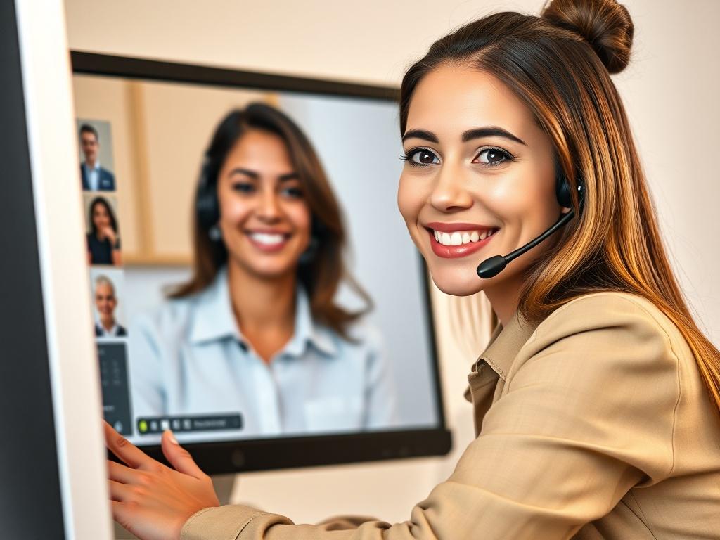 A close-up shot of a friendly, professional-looking virtual assistant named Michelle, smiling and engaging with a visitor on a computer screen. The background is simple and clear, focusing on the interaction, with warm lighting creating a welcoming atmosphere.