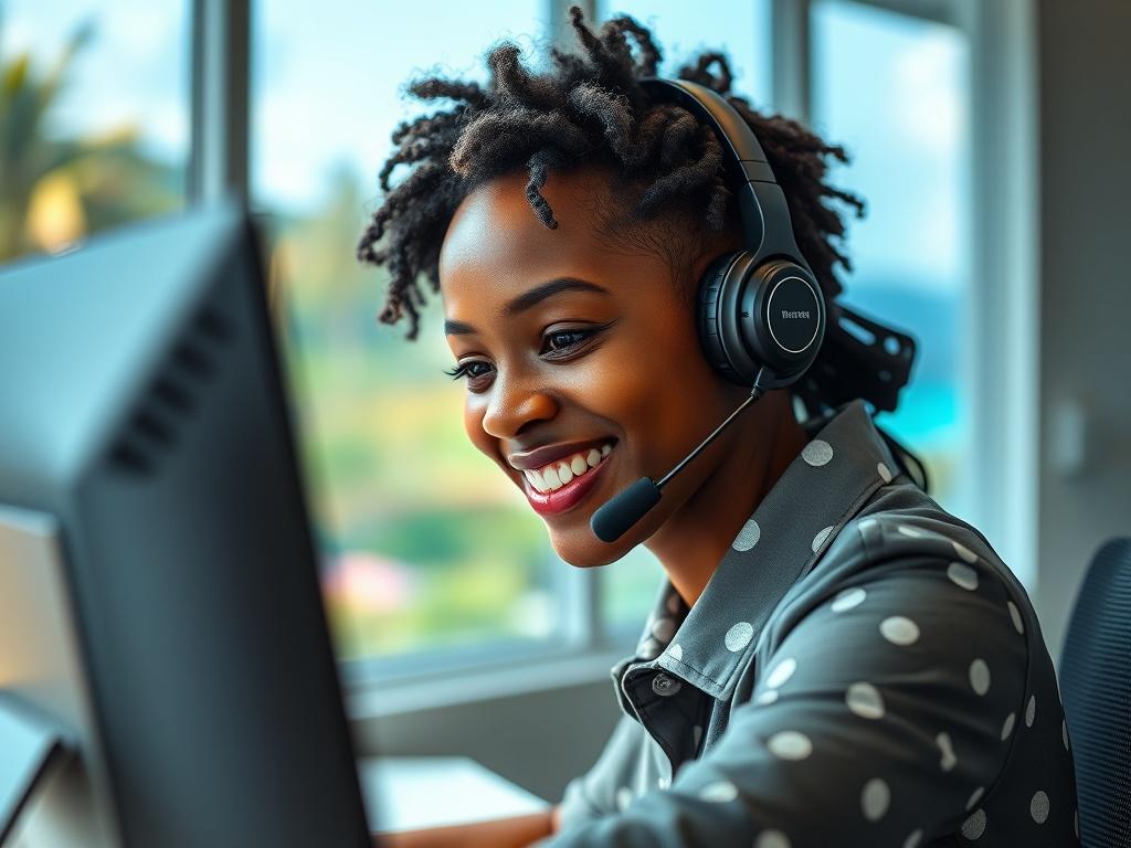A close-up shot of a friendly Jamaican customer service representative using a headset, smiling while engaging with a computer. The background is a simple office setting with a blurred view of a vibrant Jamaican landscape outside the window. The image should have a bright and inviting atmosphere, capturing the essence of excellent customer service, with an emphasis on warmth and professionalism.