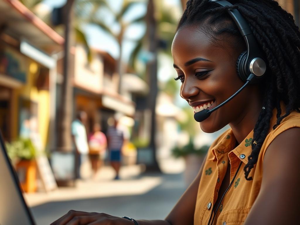 A close-up shot of a friendly Jamaican customer service representative wearing a headset, smiling while looking at a laptop. The background shows a vibrant, sunny Jamaican street with small businesses. The focus is on the representative, conveying a sense of approachability and professionalism.