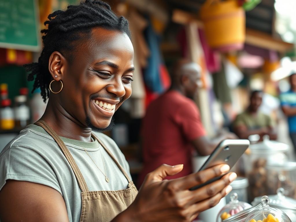 A friendly Jamaican small business owner smiling while using a smartphone to engage with customers. The background features elements of a bustling local market or a vibrant street in Jamaica, showcasing the essence of local businesses. The image should have a warm, inviting atmosphere, emphasizing the connection between the owner and their customers.