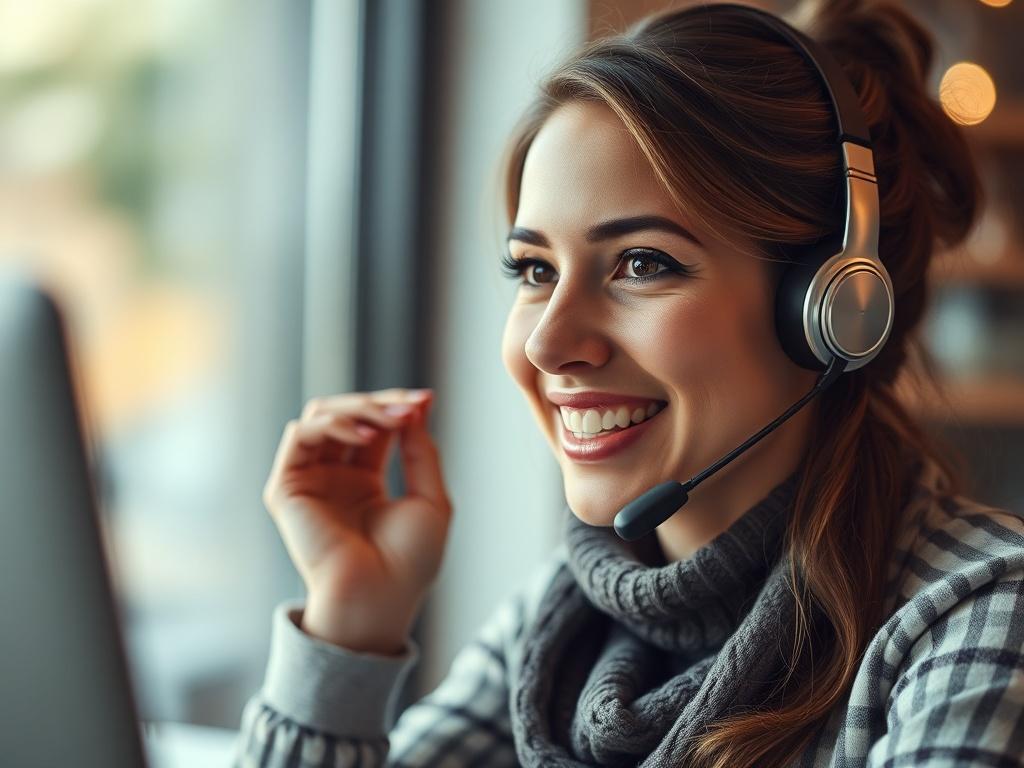 A friendly customer support representative on a phone call, ready to assist clients. The environment is warm and inviting, showcasing a supportive atmosphere.