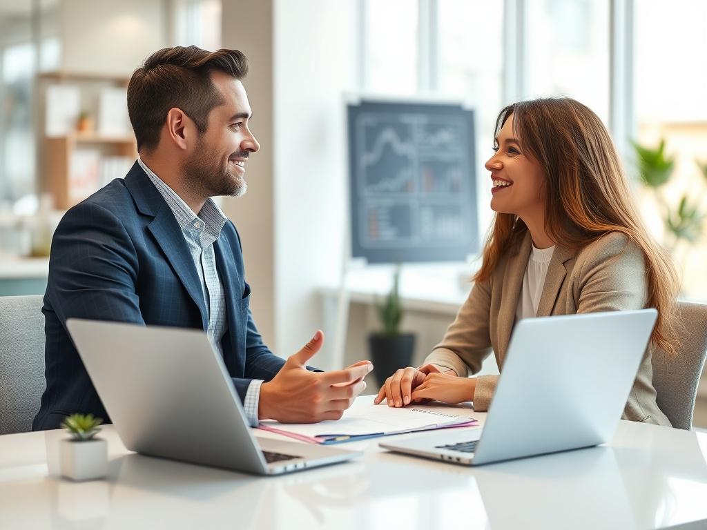 A friendly business consultant sitting at a desk with a welcoming smile, discussing with a small business owner. The setting is bright and modern, showcasing a clean office environment.