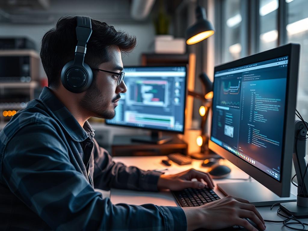 A technician working on a computer, configuring software settings for a small business. The atmosphere is focused and professional, highlighting a modern workspace with tech equipment.