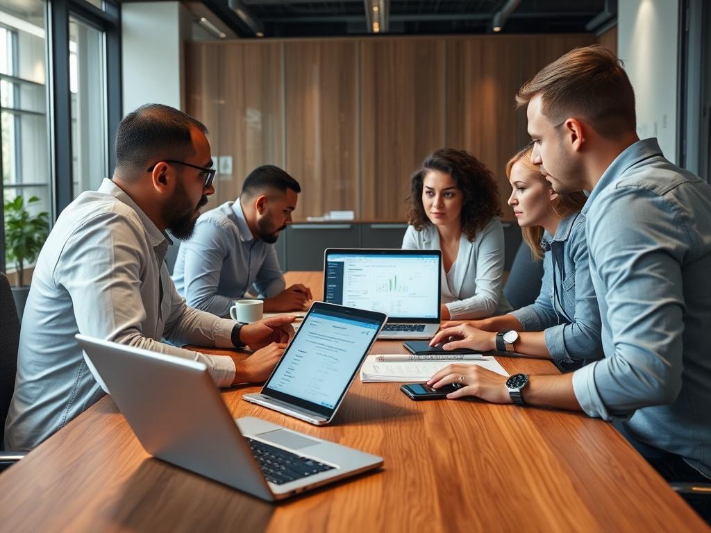 A team of professionals gathered around a table, discussing and reviewing test results on laptops. The scene captures collaboration and engagement in a modern meeting room.