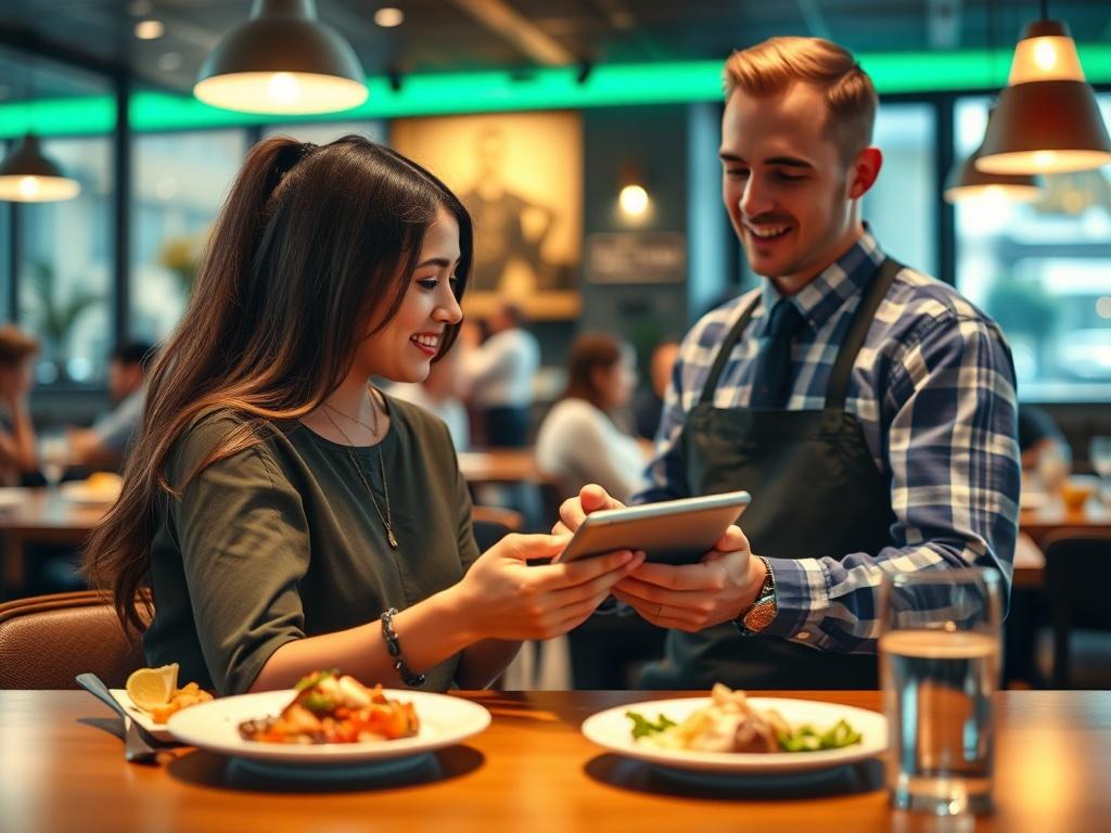 A close-up shot of a vibrant restaurant setting with a digital booking system in use, displaying a friendly staff member interacting with customers via a tablet. The background features a lively atmosphere with patrons enjoying their meals, emphasizing the connection between technology and excellent service.